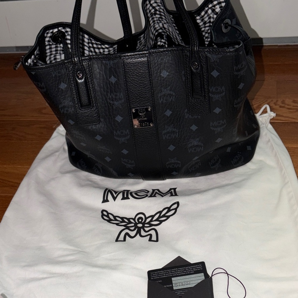 MCM Black Logo Tote with Checkered Interior